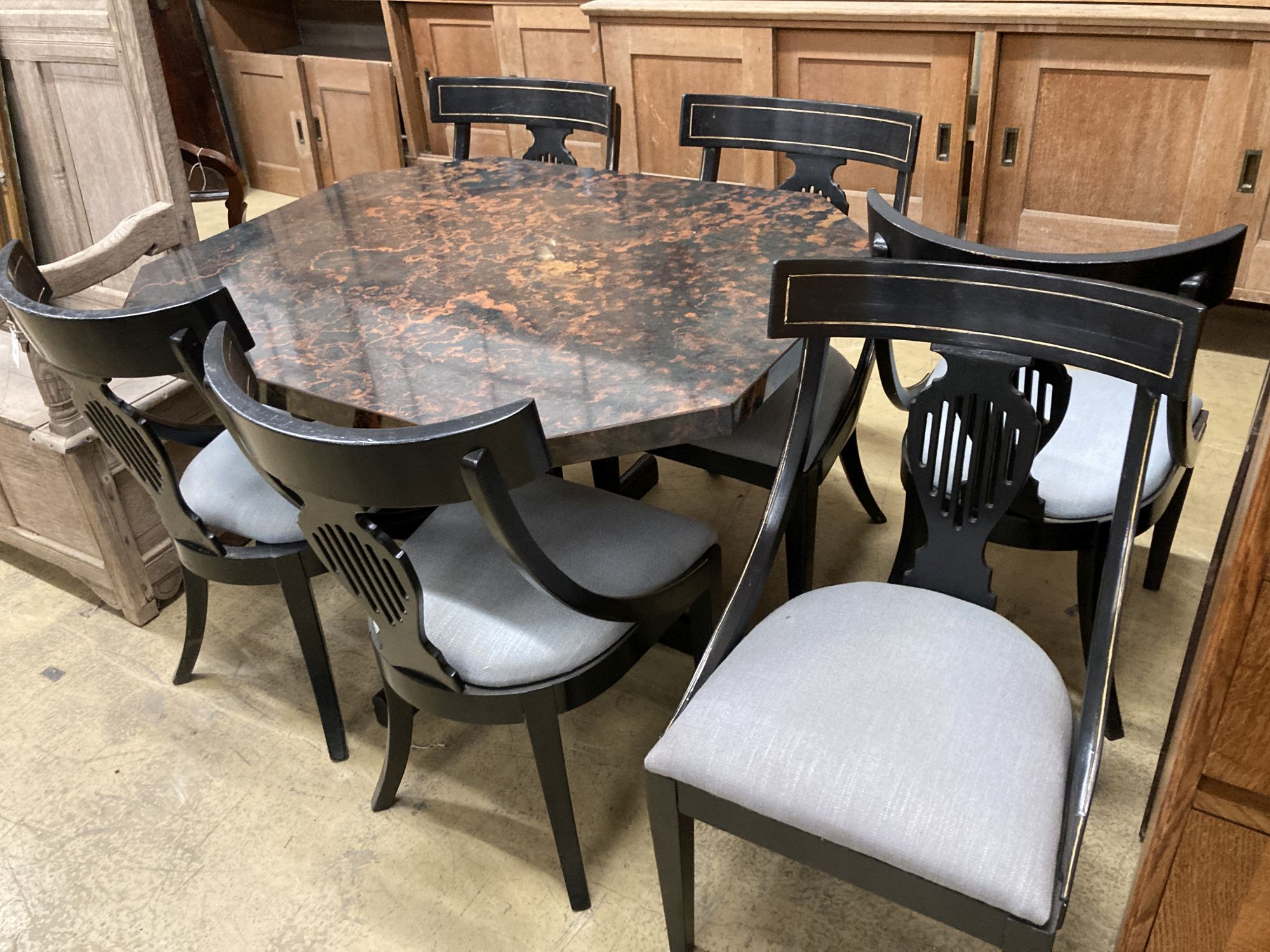 An Art Deco bakelite dining table, length 118cm, depth 96cm, height 73cm and six chairs